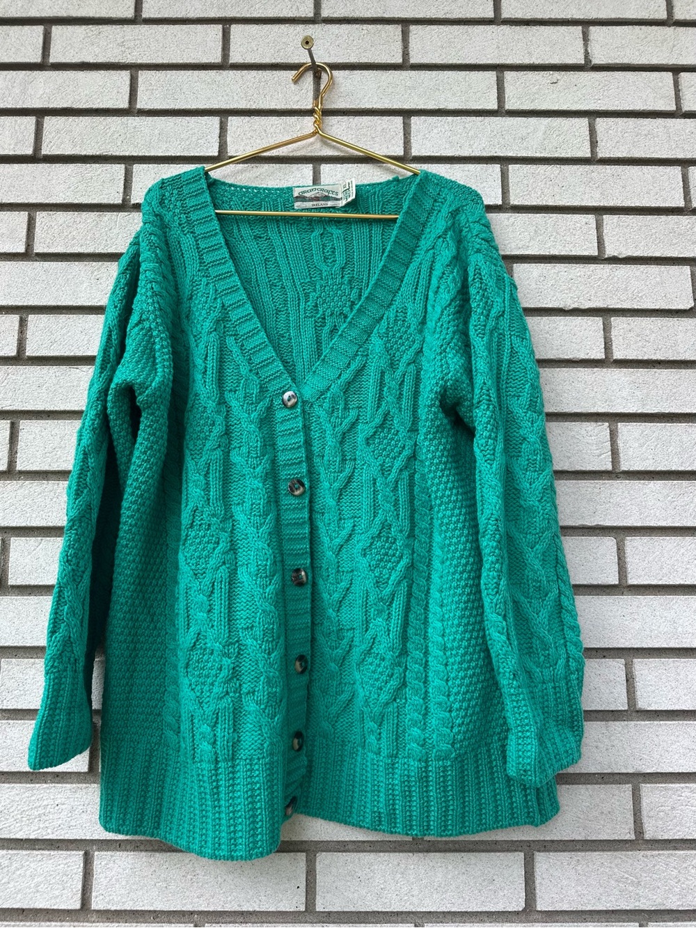 Aran Crafts Ireland Merino Wool Cable Knit Cardigan Sweater Green XL Vintage